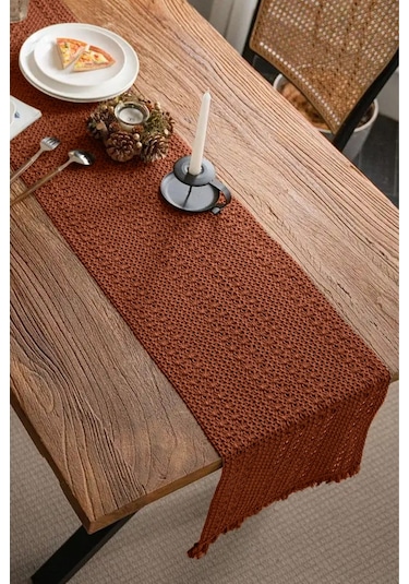 Pamuk Dantel Runner 35x145 Cm Masa Örtüsü Kiremit