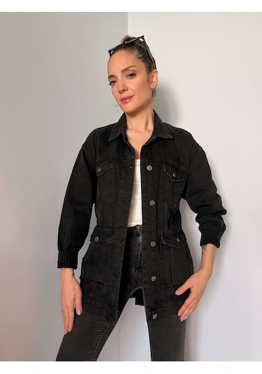 Siyah Kuşak Detaylı Denim Ceket Siyah