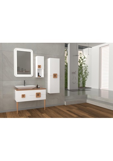 Zürih 100 Cm Beyaz Lavabolu Banyo Dolabı - Beyaz Kayın (Boy Dolap Dahil)