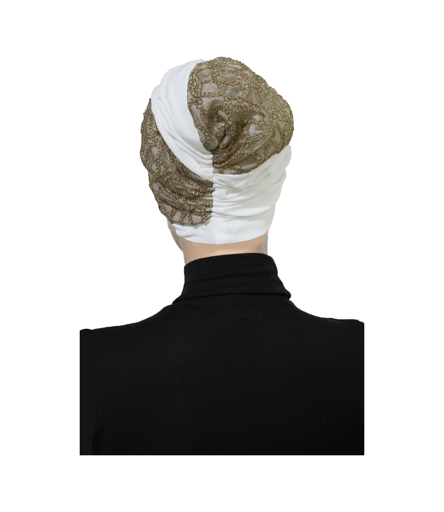 Özel Tasarım Ekru Üzeri Sırma Desenli Astarlı Hazır Türban Tesettür Abiye Bone Ekru4