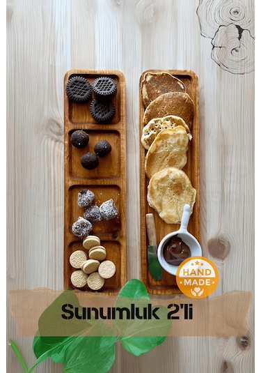 El Yapımı Çam Ağacı Ahşap Sunum Tepsisi 2'li Takım