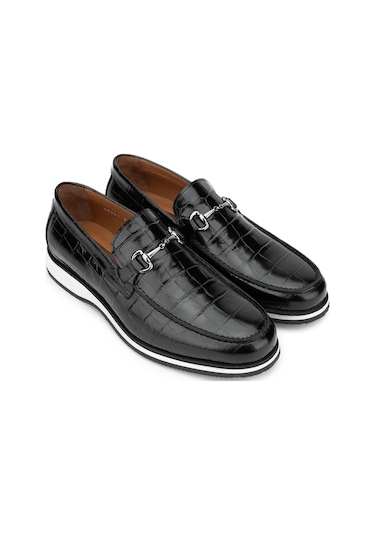 Tamer Tanca Erkek Hakiki Deri Siyah Kroko Loafer Ayakkabı 183 30351 Erk Ayk Y24 Sıyah Kroko Siyah