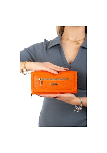 Kadın Turuncu Kağıt Para Ve Kartlık Bölmeli Turuncu Cüzdan Fermuar Detaylı Turuncu