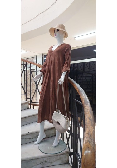 İtalyan V Yaka Uzun Kol Keten Elbise-8907 Kahve Rengi Kahverengi