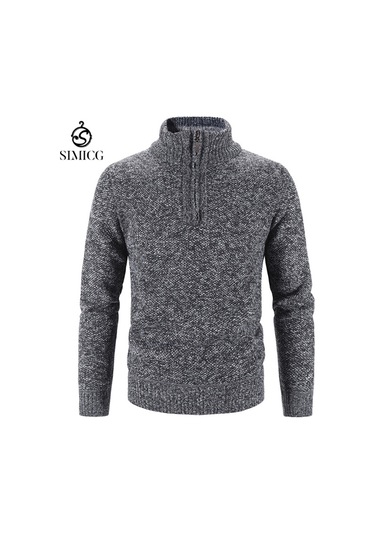 Sonbahar Ve Kış Örme Dik Yaka Basit Bol Artı Kadife Kalın Erkek Kazağı Koyu Gri