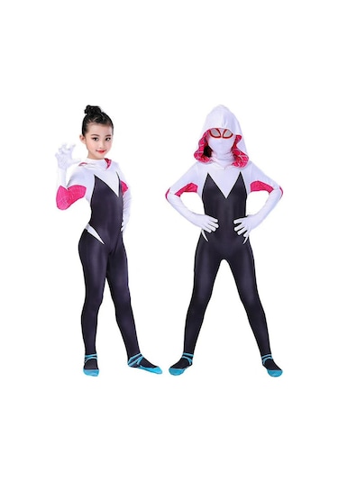 4-10 Yıl Çocuk Kız Örümcek Gwen Maske Cosplay Tulum Kostüm