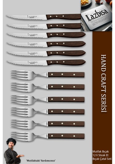 Lazbisa Mtf-062 Hand Craft Serisi Steak Et Yemek Kahvaltı Bıçağı Çatalı 12 Li Set Mutfak Bıçak Seti Ahşap