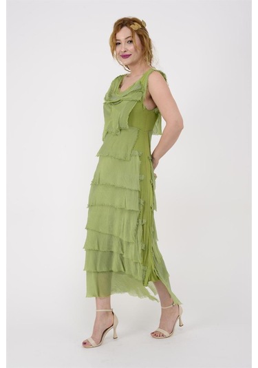Italyan 2 Beden İnce Gösteren Kat Kat Kolsuz Ipek Elbise Fıstık Yeşili