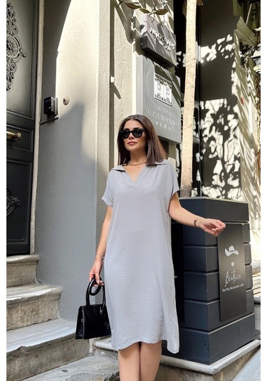 Grı Kısa Kol, Polo Yaka, Dokulu Kumaş, Basic Kalıp/kesim, Aerobin Rahat Midi Elbise Gri