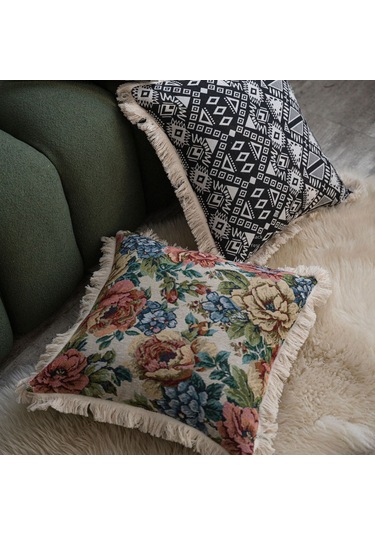 Skycity Amerikan Stili Floral Desenli Kumaş Yastık Kılıfı - Koltuk, Yatak, Araba İçin 60x60 Cm - Kahve Resimli Beyaz Süet Detaylı, Yumuşak Kumaş, İç Dolgu Yok Kahverengi