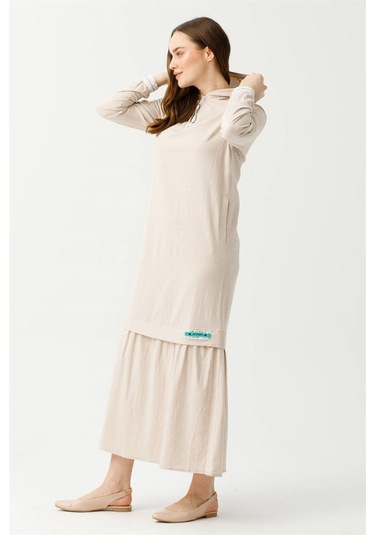 Pamuk Keten Kumaştan Rahat Kullanımlı Elbise Bej Bej