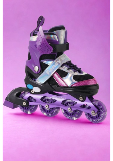 Melek Kanatlı Işıklı Çocuk Pateni Ve Dizlik Seti Silikon Teker Ayarlanabilir Paten Çantalı Mor Mor