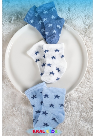 6 Çift Erkek Bebek Çorap Kutulu Patik Boy Yıldız Desenli, Pamuklu Beyaz