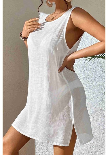 Angelsin Sırt Dekolteli Yırtmaçlı Pareo Plaj Elbisesi Beyaz 001