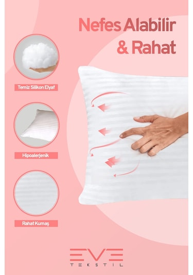 Eve Tekstil 2 Adet Çizgili Saten Fermuarlı Antialerjik Yıkanabilir Silikon Elyaf Yüksek Dolgulu Yastık 900 Gr Beyaz