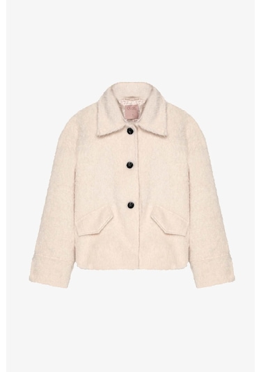 Quzu Gömlek Yaka Düğmeli Tüylü Ekru Kadın Ceket Ckt00887 Ekru