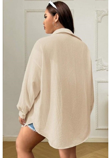 Trendseninle Kadın Bej Tek Cepli Bürümcük Oversize Gömlek Bej