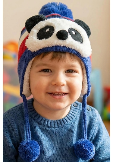 Bay Şapkacı - Sevimli Panda Tasarımlı Unisex Çocuk Kışlık Bere - 5900 Mavi