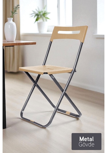 İronika Safran Katlanabilir Metal Gövdeli Sandalye Katlanır Mutfak Bahçe Kamp Sandalyesi Krem 1 Adet Krem