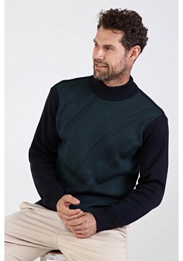 Çizgi Triko Erkek Çelik Örgü Yarım Balıkçı Triko Kazak 4609B Neft Nefti