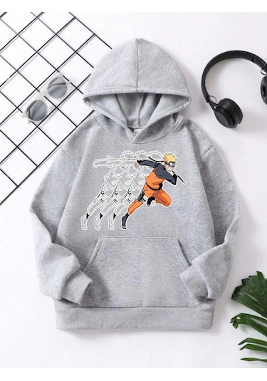 Alfanora Çocuk Unisex Kapüşonlu Naruto Baskılı Pamuklu Sweatshirt - Gri