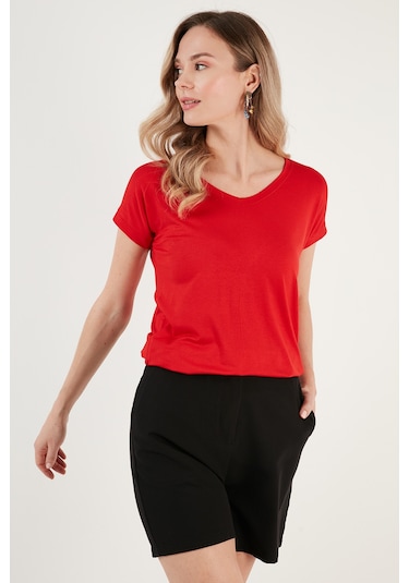 Lela V Yaka Relaxed Fit Yırtmaç Detaylı 2'Li Paket Bayan Bluz 5862000S2 Ekru-Kırmızı