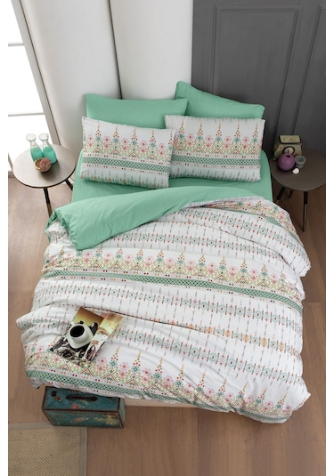 Mystory Home  Lastikli Çarşaflı Çift Kişilik Nevresim Takımı Estilla Yeşil