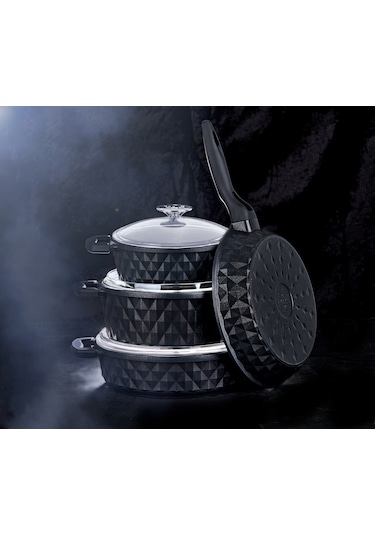 Taç Carabella Döküm 7 Parça Cam Kapak Tencere Seti Siyah