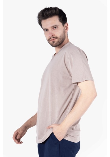 T-shirt V Yaka %100 Pamuk Camel