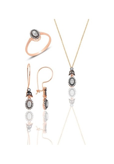Gümüş Rose Elmas Montürlü Oval Üçlü Set… (535070195)