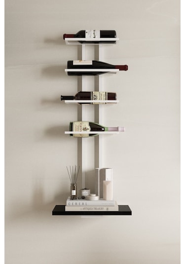 Aju Şaraplık Ve Kadeh Rafı Duvara Monte Şarap Mahzeni Modern Duvar Alkol Rafı - Metal Ve Ahşap Tasarım Beyaz