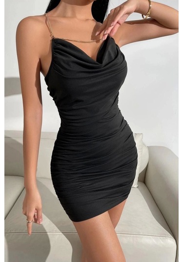 Zincirli Mini Elbise Siyah