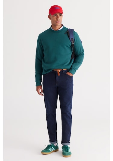 AC&Co / Altınyıldız Classics Erkek Koyu Yesıl Standart Fit Normal Kesim İçi Polarlı Bisiklet Yaka Sweatshirt Koyu Yeşil