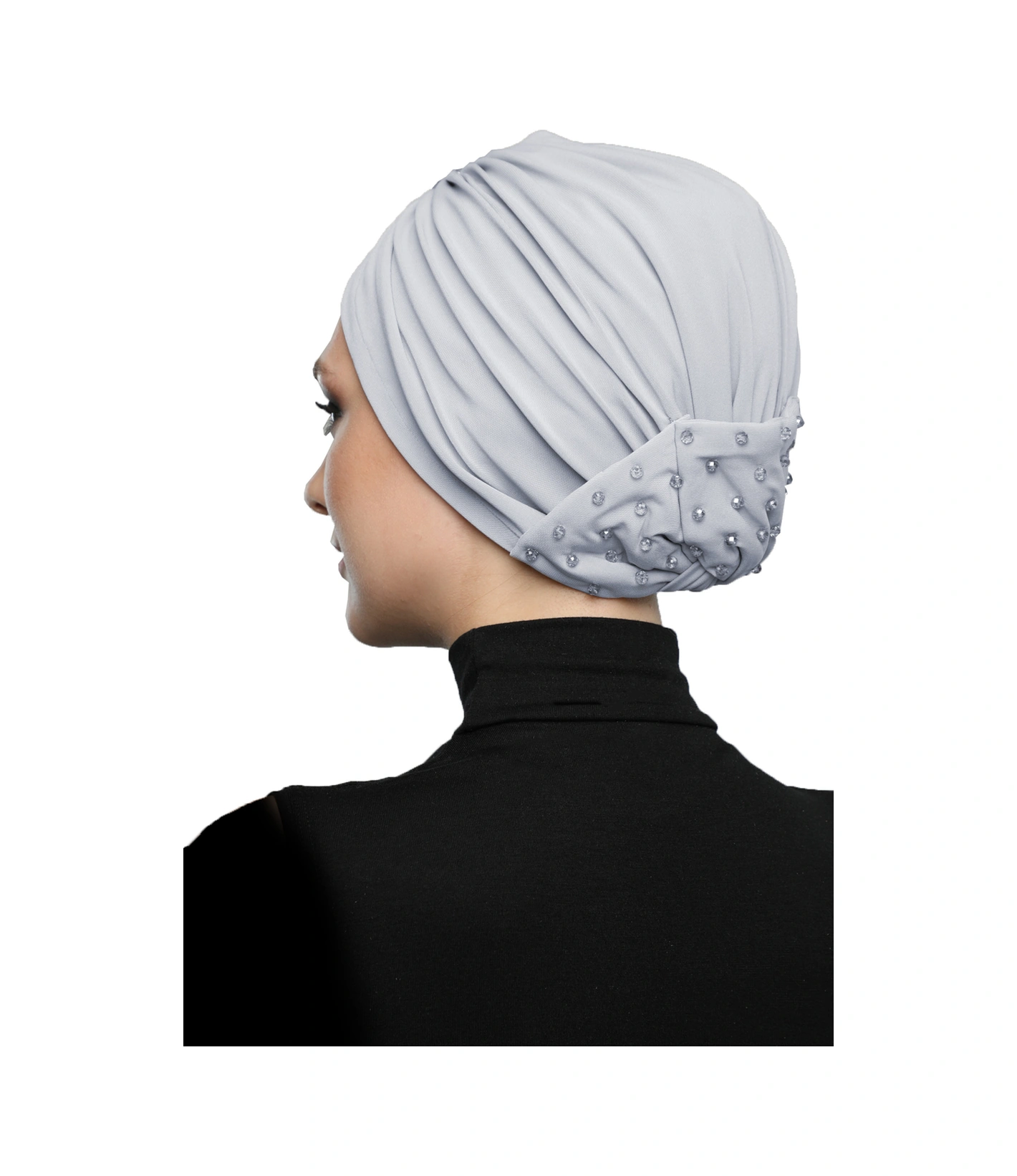 Kristal Yelpaze Taş Işlemeli Çift Taraflı Astarlı Açık Gri Hazır Türban Tesettür Abiye Bone Açık Gri