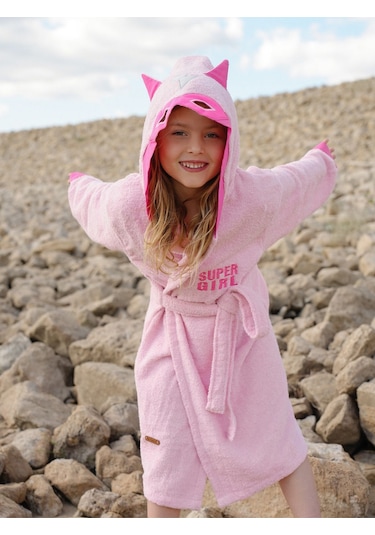 Formeya Kapşonlu Çocuk Bornoz %100 Pamuk Su Emici Pembe Hero Pembe