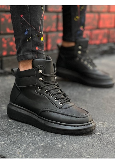 Modern Ve Şık.kb-0994 Siyah Cilt Siyah Yüksek Taban Erkek Bilek Bot