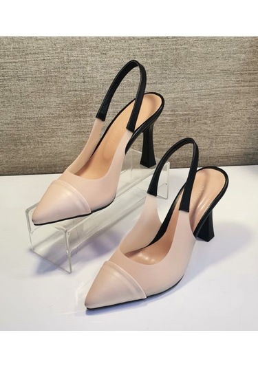 New Angel 897 Kadın Topuklu Şeffaf Detaylı Arkası Açık Ayakkabı Ten - Siyah