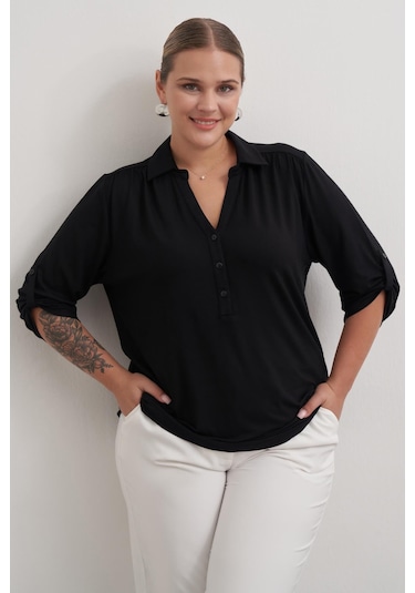 Kıvrık Kollu Örme Bluz-1825 Siyah