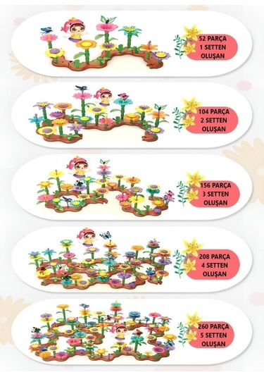 52 Parça Bahçe Çiçek Yapım Seti Yapı Blokları Yapboz Bul Tak Puzzle Eğitici Oyuncak