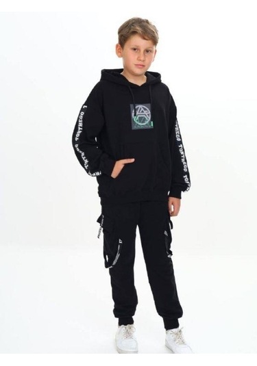 Çocuk Kapüşonlu Stay Strong Yazılıi Sweatshirt-14816 Siyah