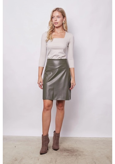 Kadın Hafif Likralı Deri Yüksek Bel Diz Boy Çan Etek-haki Haki