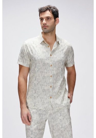 Merle Beyaz Kısa Kollu Baskılı Erkek Gömlek Beyaz