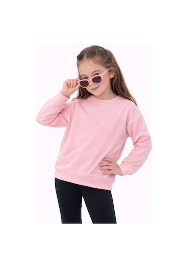 Kız Çocuk Basic Düz Pudra Renk Fırçalı %100 Pamuk Sweatshirt Pudra