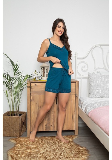 Kadın Petrol Renkli Büstiyerli Dantel Detaylı Şortlu Pijama Takımı 20005 Petrol