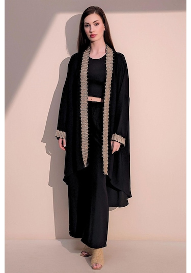 Kadın Siyah Şık Hasır Detaylı Kuşaklı Salaş Kimono - Tesettüre Uygun Siyah
