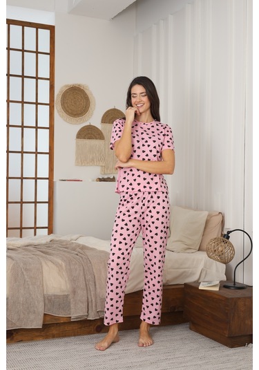 Kadın Yazlık Kısa Kol Penye Süprem Kumaş Pijama Takımı Pembe Siyah