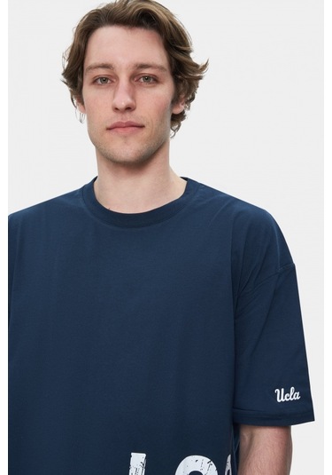 Ignıso Lacivert Bisiklet Yaka Baskılı Oversize Erkek Tshirt Lacivert