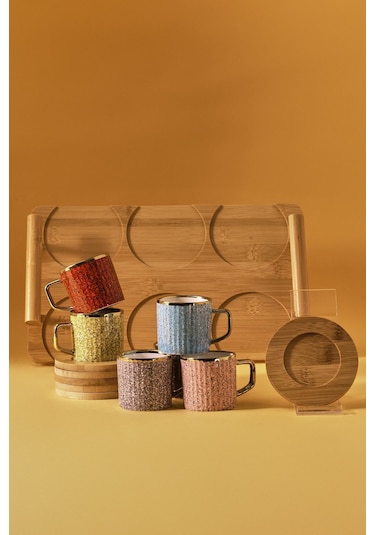 Karaca  Bambu Tepsili 6 Kişilik Renkli Kahve Fincan Takımı 90 ml