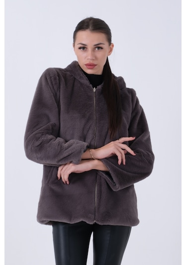 Feminist Gri Fermuarlı Oversize Kapüşonlu Çift Cepli Peluş Mont 0108078.06 Gri