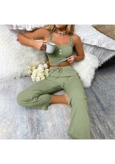 2 Adet/takım Pantolon Üst Takım Elbise Düşük Kesim V Yaka Kolsuz Düz Renk Büzgülü İpli Yüksek Elastik Bel Dantel Kadın Pijama Takımı Mor